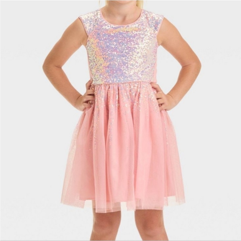 Cat & Jack Girls' Short Sleeve Tulle Sequin Dress - Light Pink XL